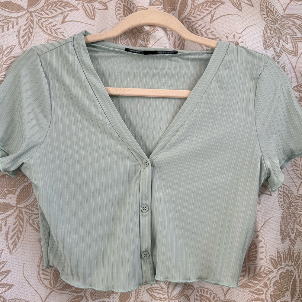 HYFVE Green Ribbed Crop Button Down Shirt
